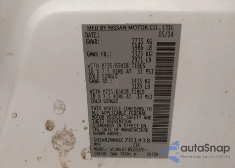 2014 Nissan Pathfinder Sl из США, поврежденный, VIN 5N1AR2MMXEC701438